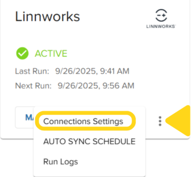 Linnworks app tile with Connection Settings menu