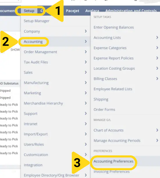 NetSuite navigation showing Setup > Accounting > Accounting Preferences menu path