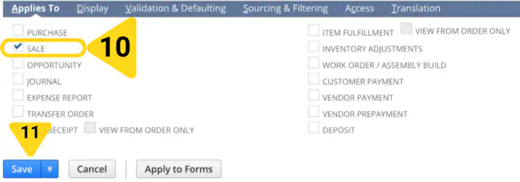 NetSuite Applies To tab with SALE checkbox selected
