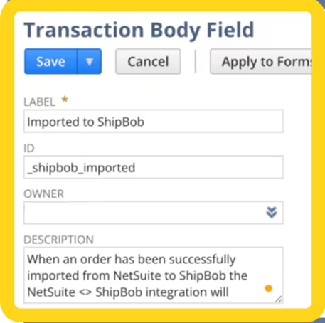 NetSuite custom field configuration form showing label, ID, and description fields