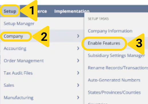 NetSuite Setup menu showing Company > Enable Features navigation path