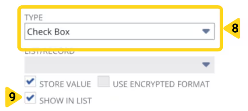 NetSuite field type dropdown showing Check Box selection and Show in List option