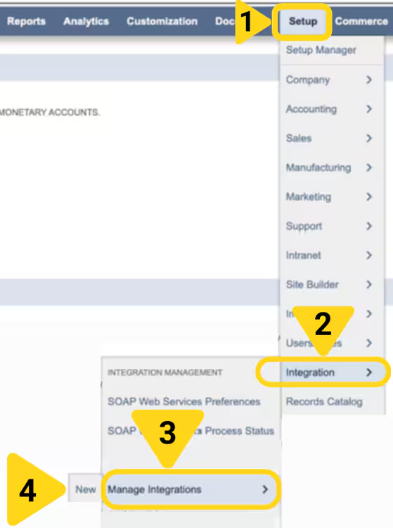 NetSuite Setup menu showing Integration > Manage Integrations > New navigation path