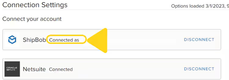 Connection Settings page showing ShipBob Connect button