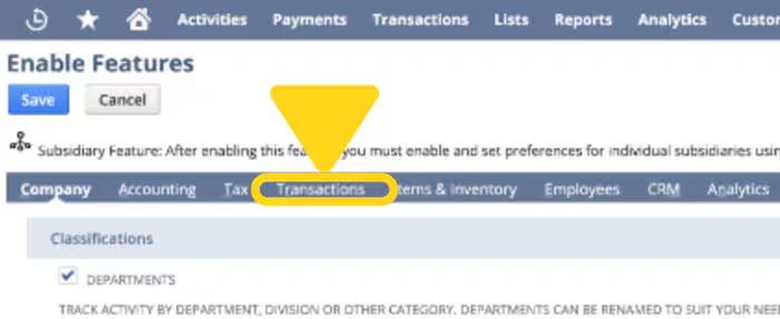 NetSuite Enable Features page with Transactions tab highlighted