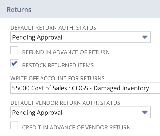 NetSuite Returns panel showing Write-off Account for Returns dropdown field