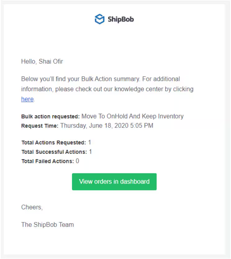 Email confirmation showing orders moved to On-Hold status