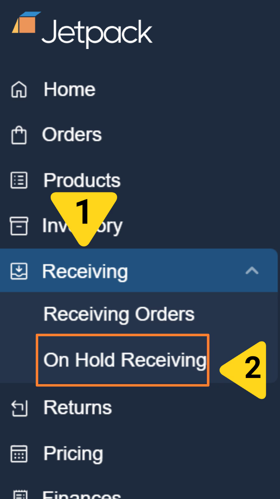 Navigating to On-Hold Receiving in the Jetpack dashboard