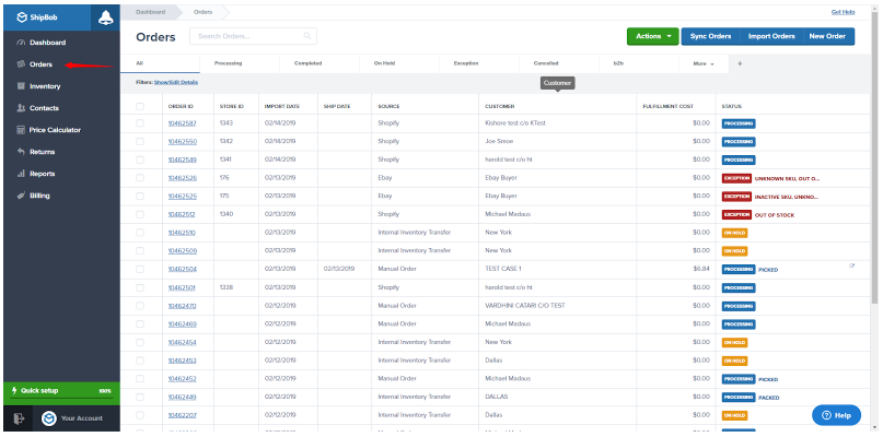 Orders page showing order list
