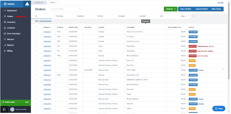 Orders page showing order list