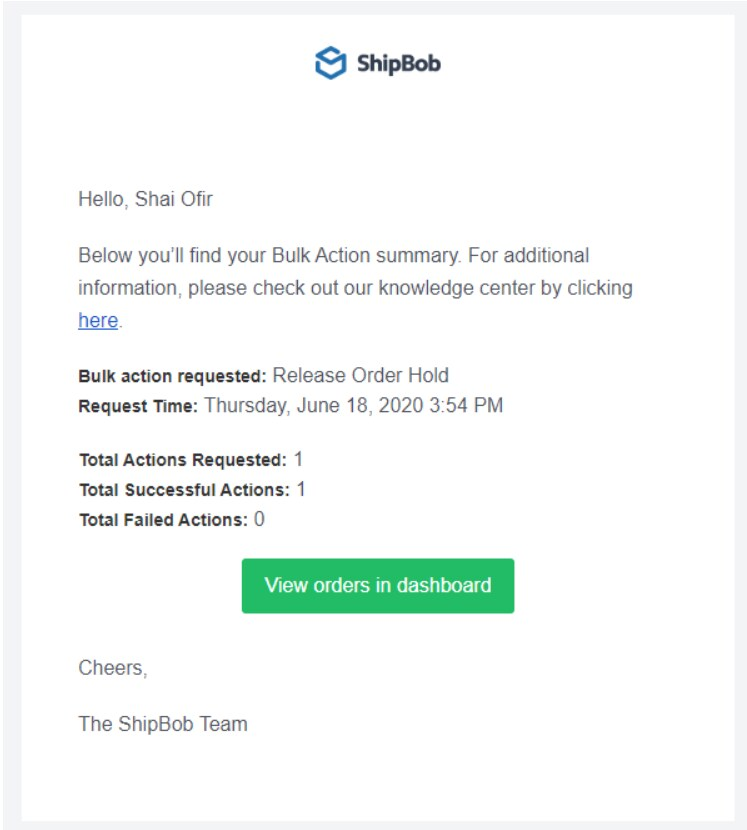Email confirmation showing orders released from On-Hold