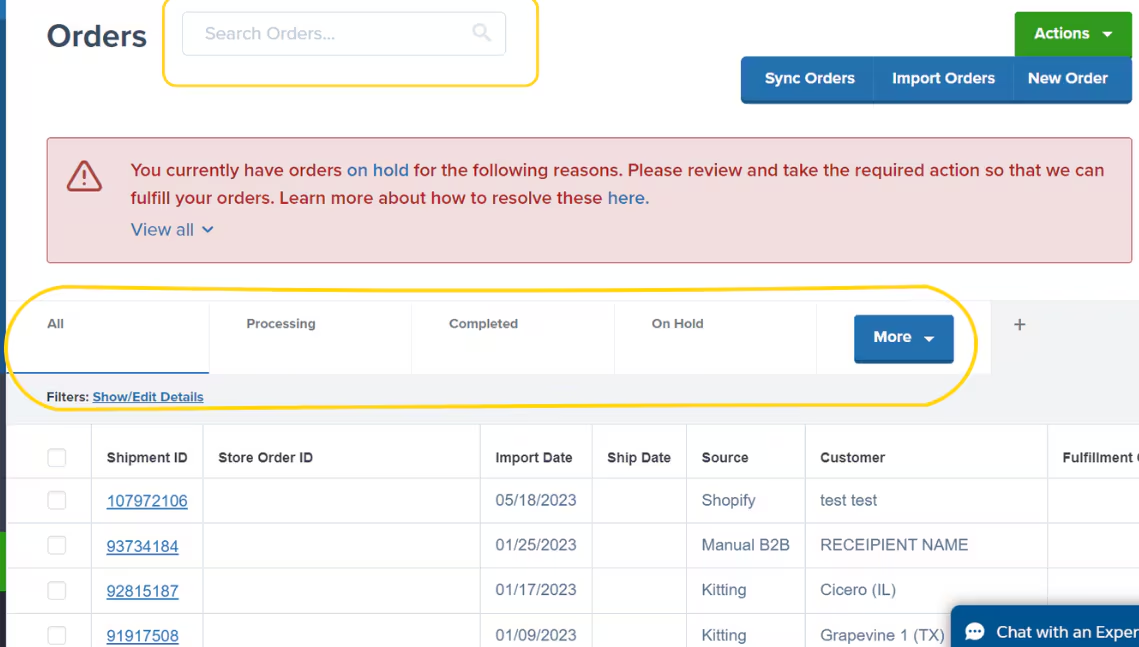 Orders page search and filter options for locating orders to cancel