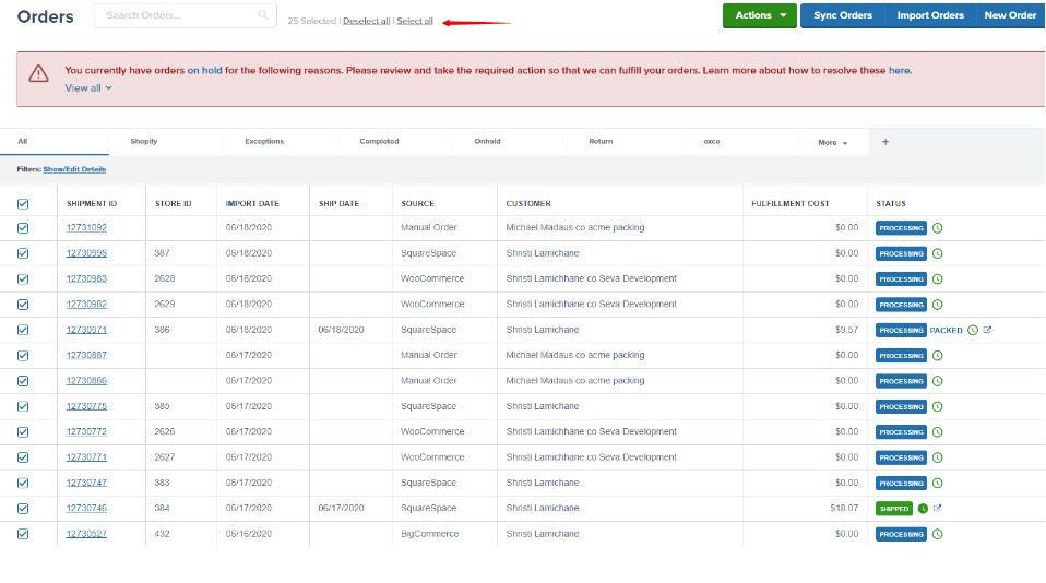Select all orders notification with option to select all matching filters