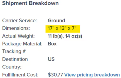 Shipment Breakdown showing package dimensions in Jetpack dashboard