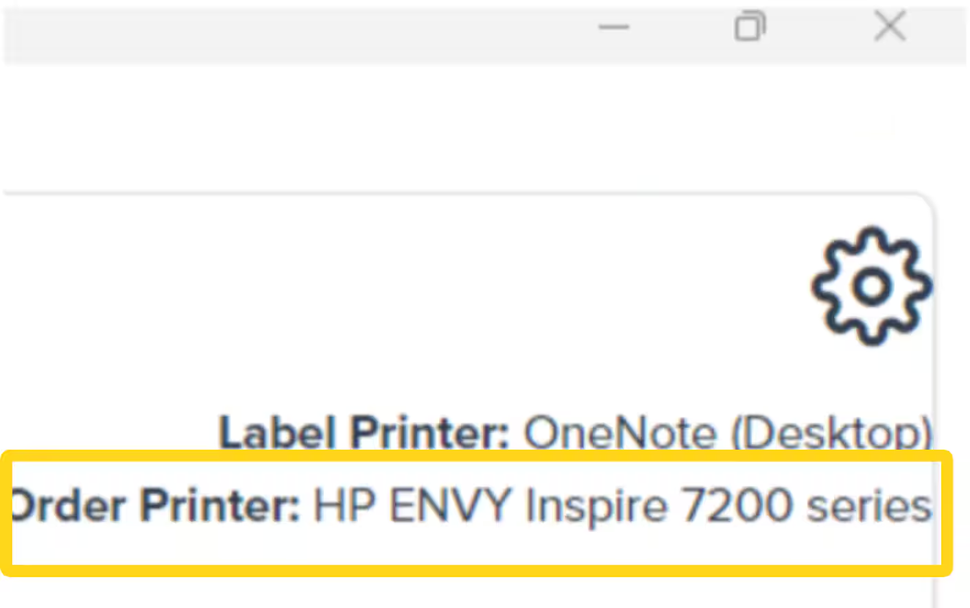 ToolBob Packing page showing configured Order Printer name next to gear icon