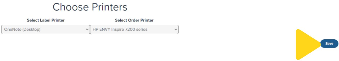 ToolBob printer settings showing Select Order Printer dropdown and Save button