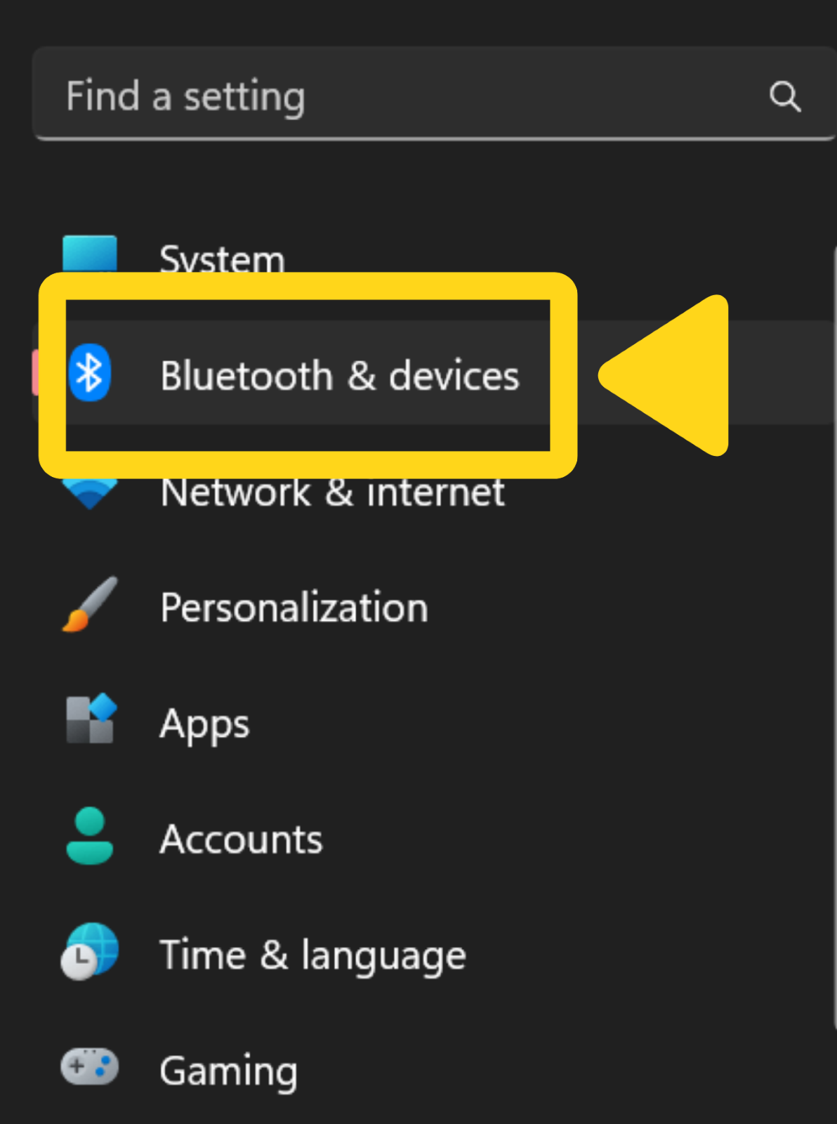 Windows Settings showing Bluetooth & devices option