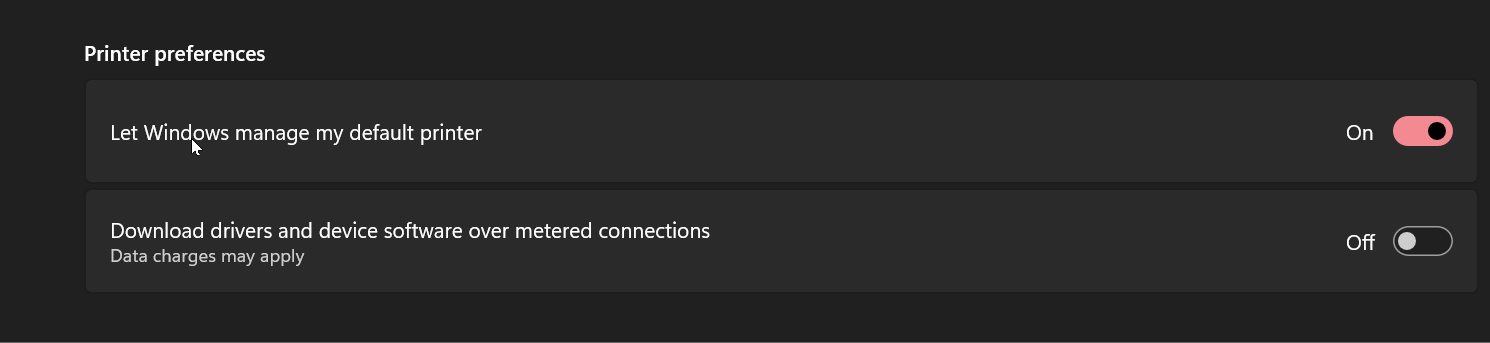 Animation showing Let Windows manage my default printer toggle being turned off