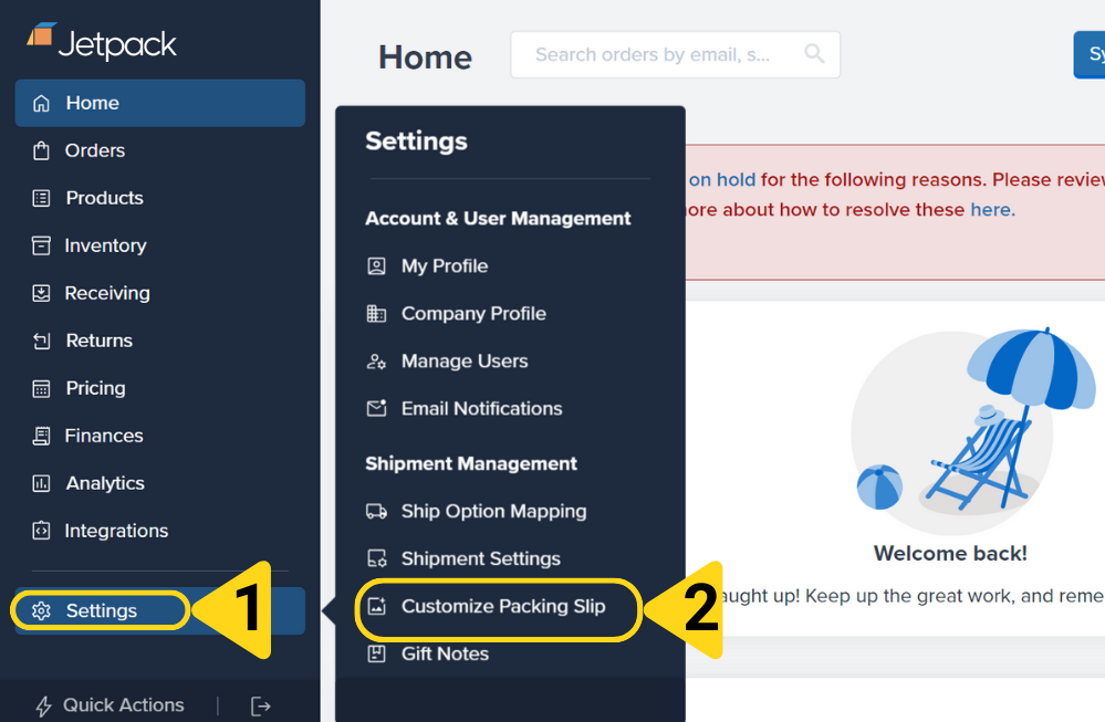 Jetpack dashboard Settings menu with Customize Packing Slip option highlighted