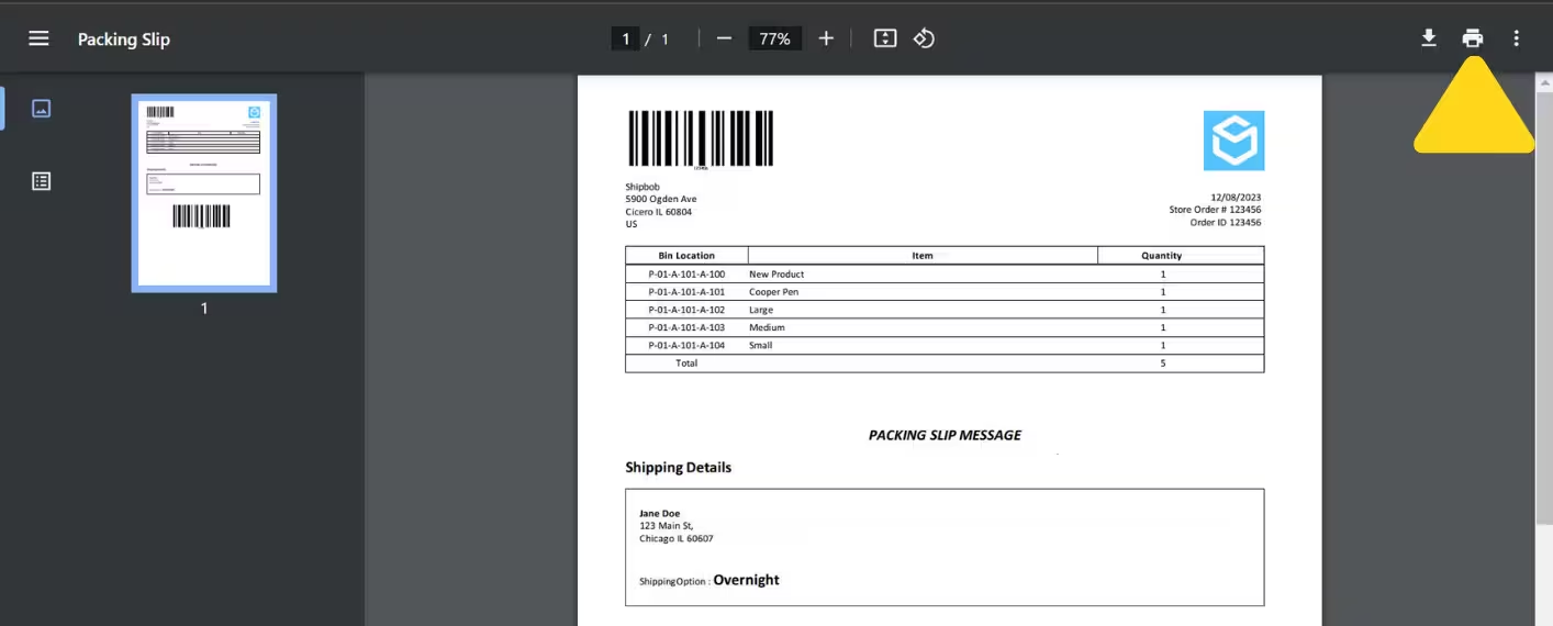 Preview tile showing Previous Packing Slip button and printer icon