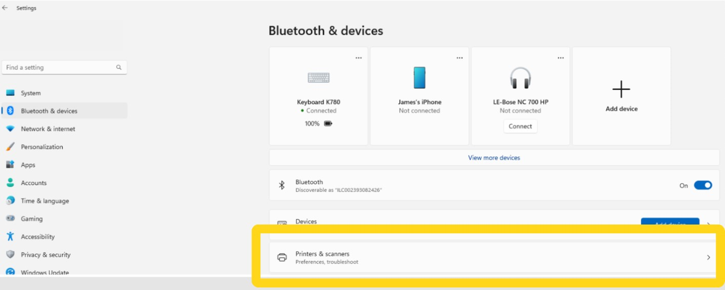 Bluetooth & devices page showing Printers & scanners tile