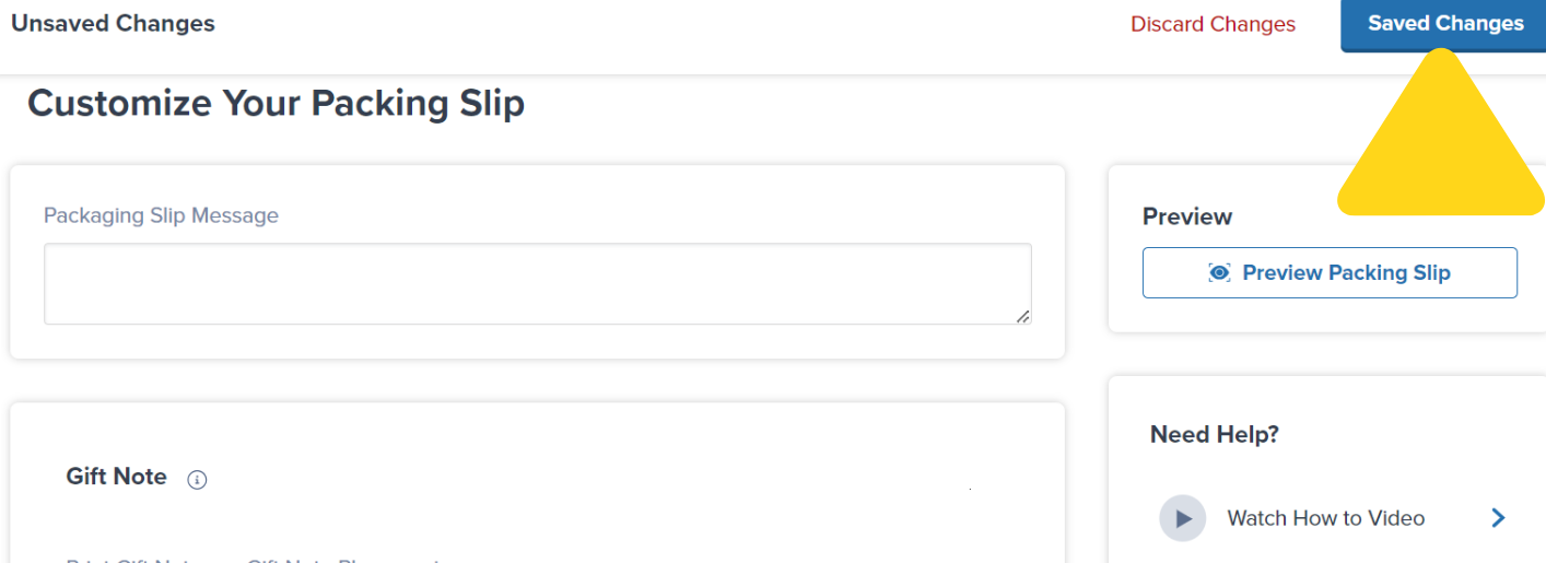 Custom Packing Slip page with Saved Changes button highlighted