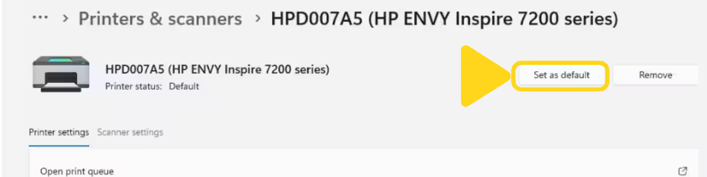 Printer settings page showing Set as default button