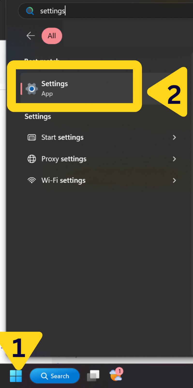 Windows Start menu with Settings option highlighted