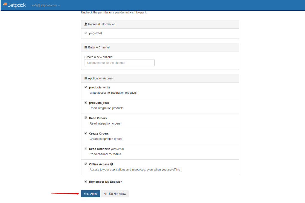 Permissions dialog showing requested access with Yes, Allow button