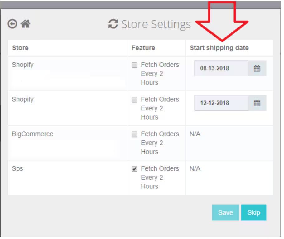 Store configuration page showing Start Shipping Date selector