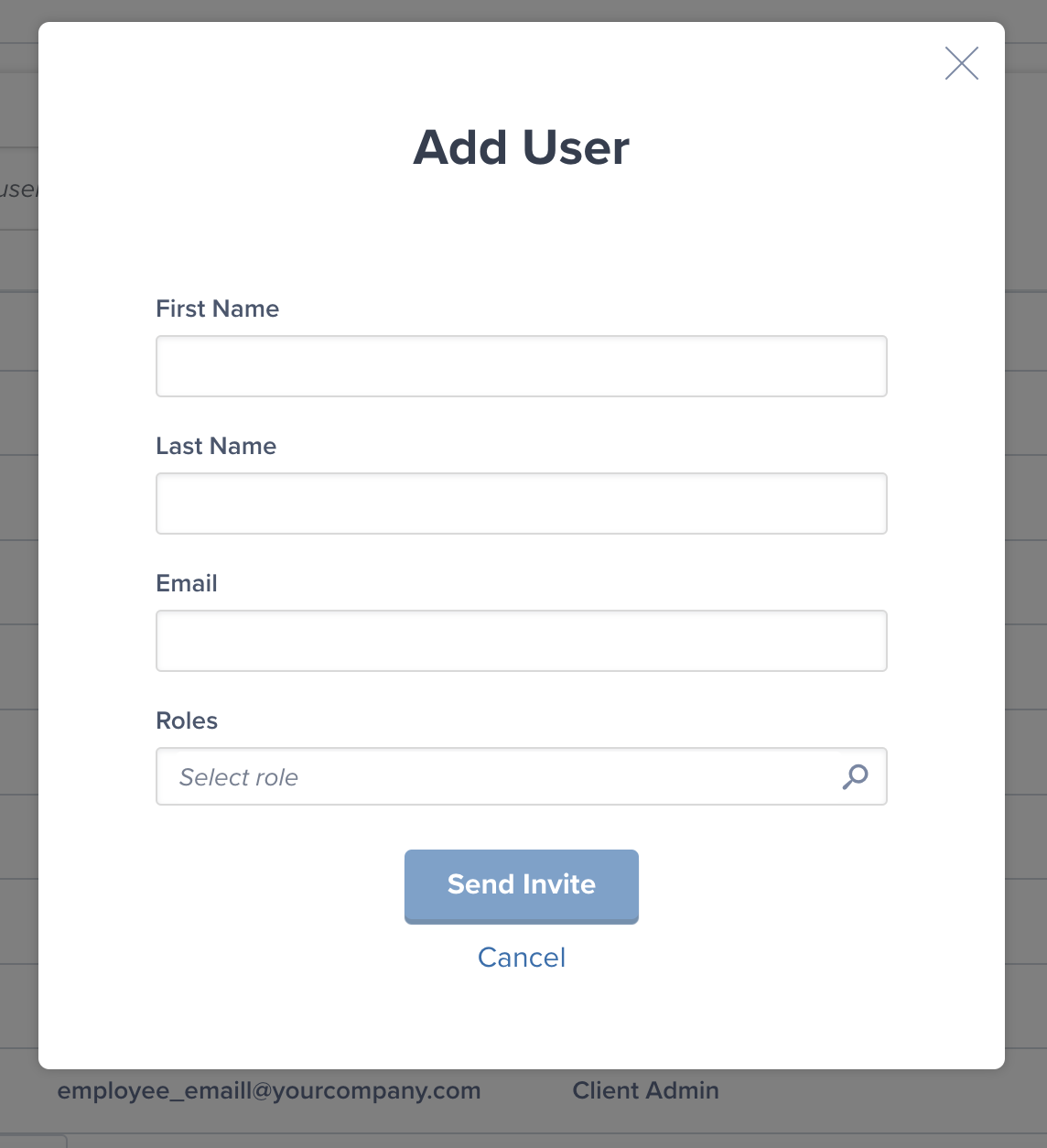 Add User dialog showing fields for First Name, Last Name, Email, and Role selection dropdown