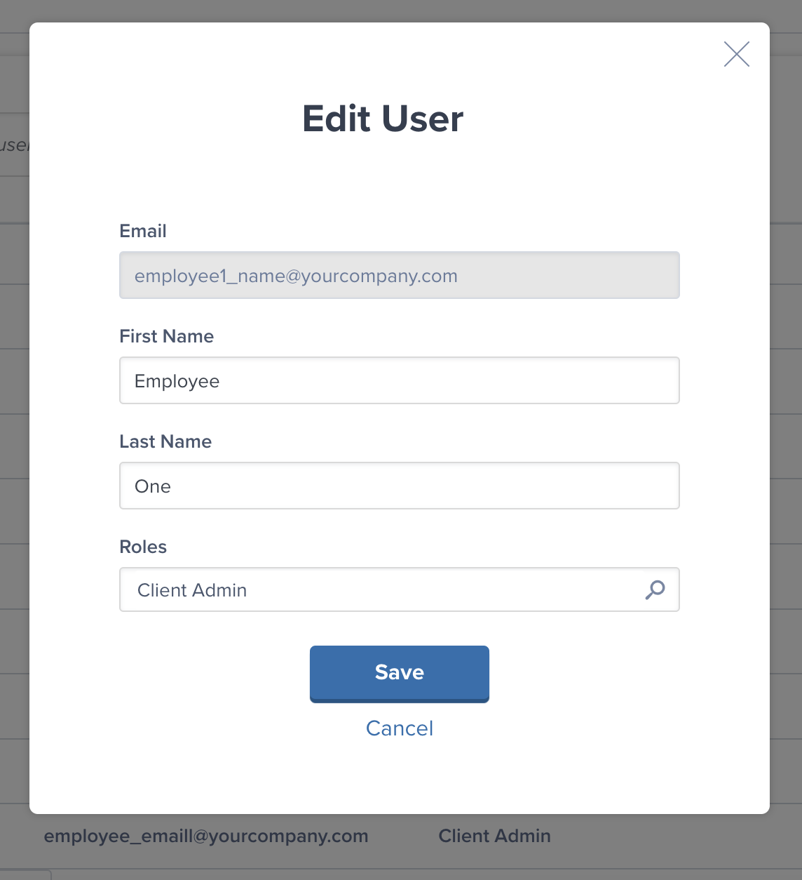 Edit User dialog showing fields for First Name, Last Name, and Role selection dropdown
