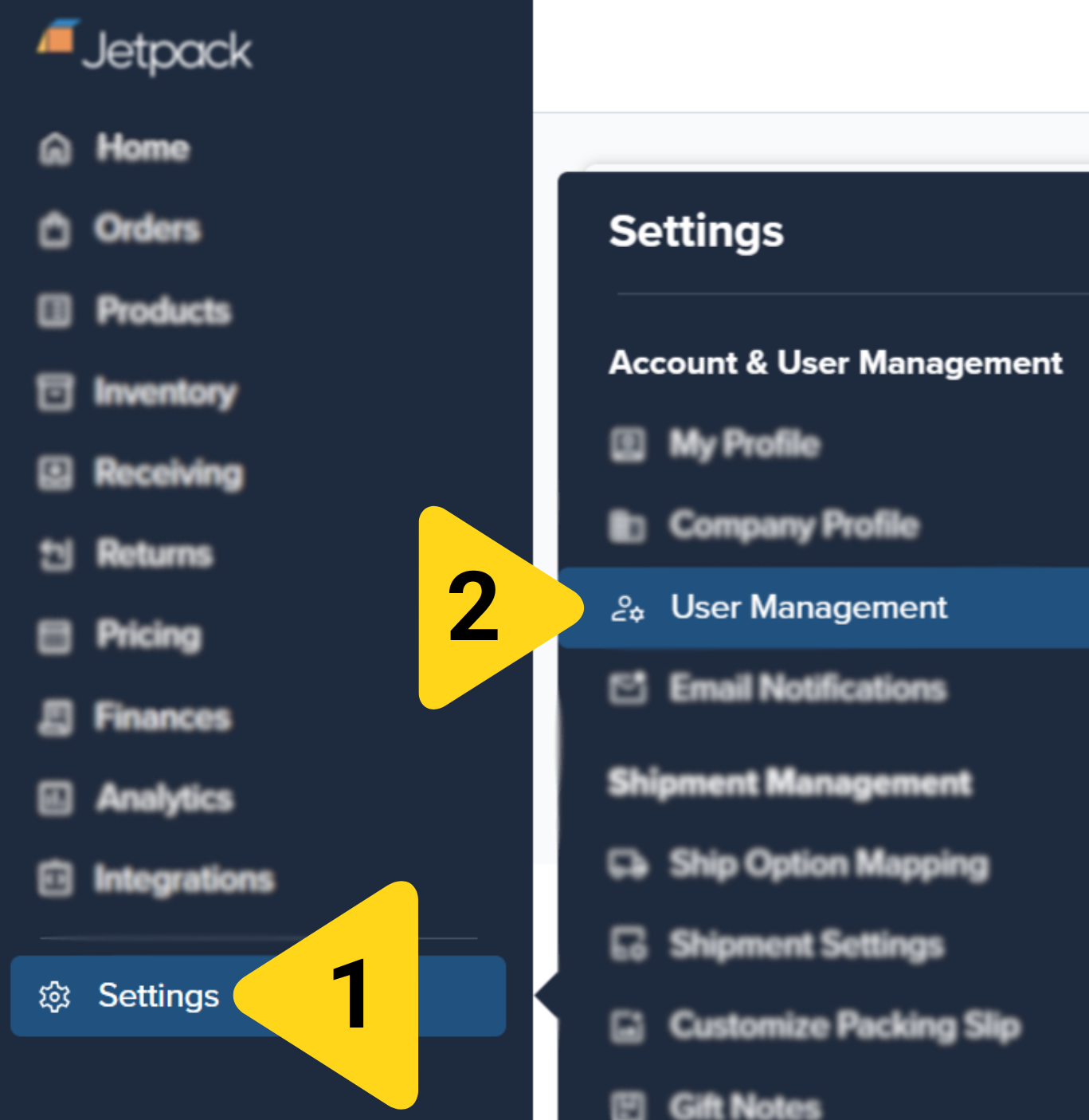 Settings menu showing User Management option highlighted