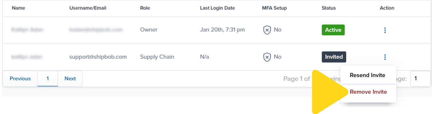User list showing Pending Invitation status with Resend Invitation and Remove Invite action buttons