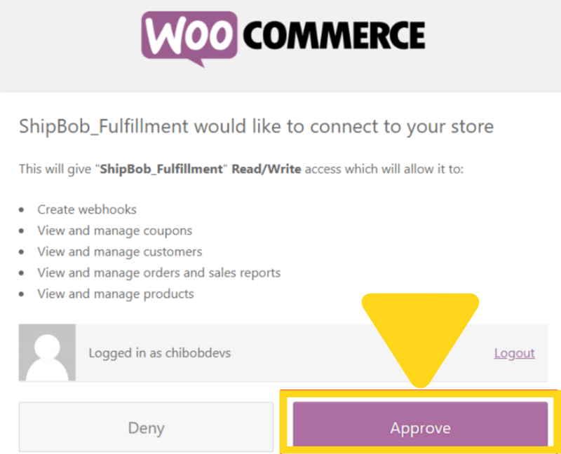 WooCommerce authorization page showing ShipBob_Fulfillment permissions request