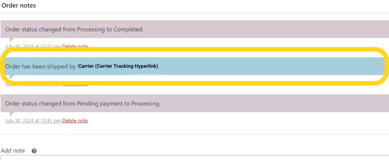 WooCommerce Order notes showing tracking update with carrier and tracking hyperlink