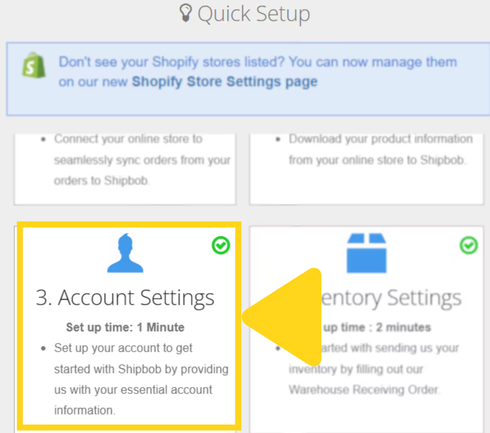 Quick Setup modal highlighting Account Settings as step 3
