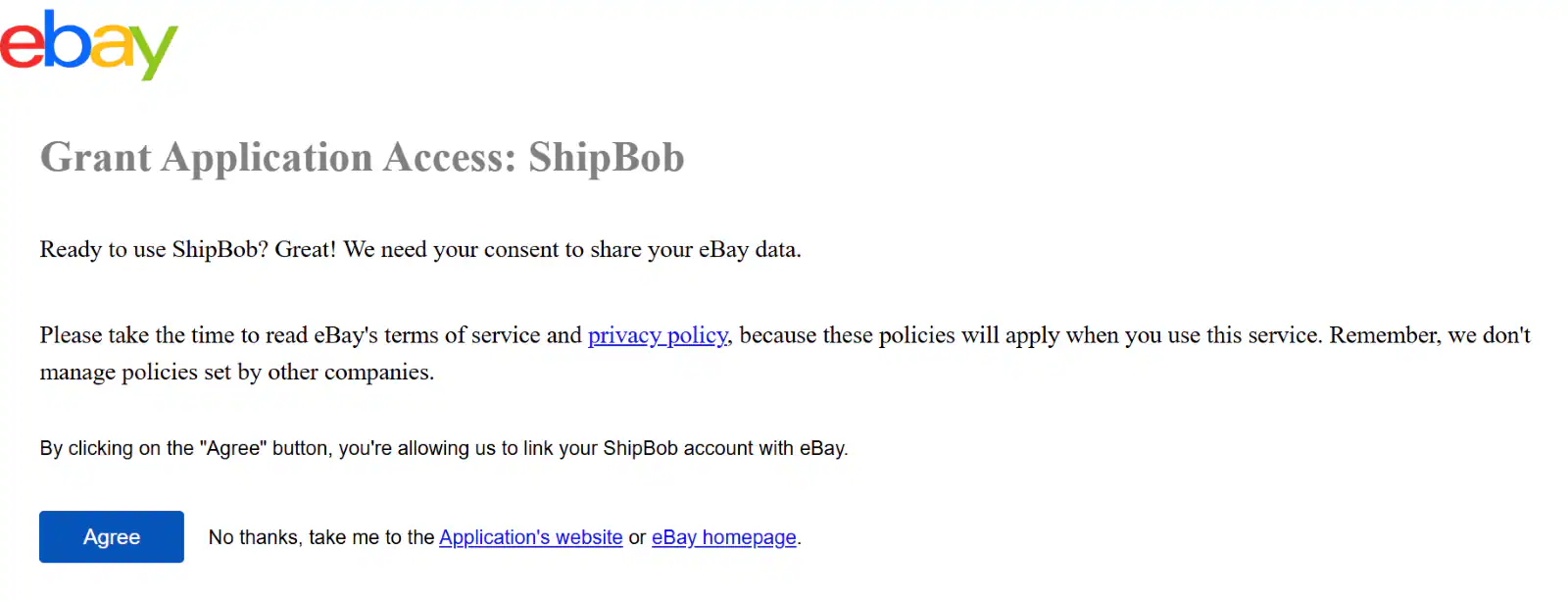 eBay Grant Application Access page showing ShipBob permissions