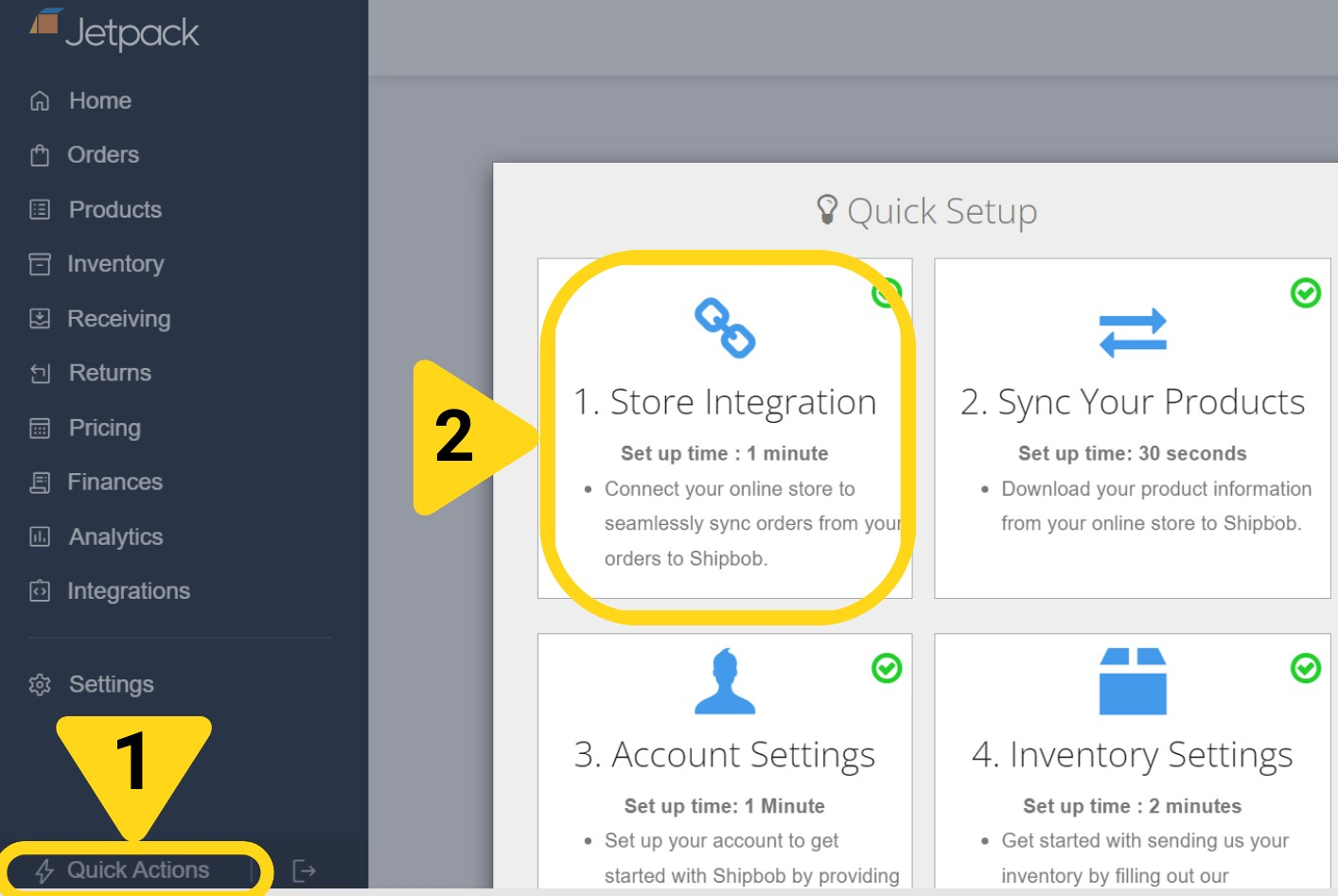 Quick Setup modal showing Store Integration as step 1