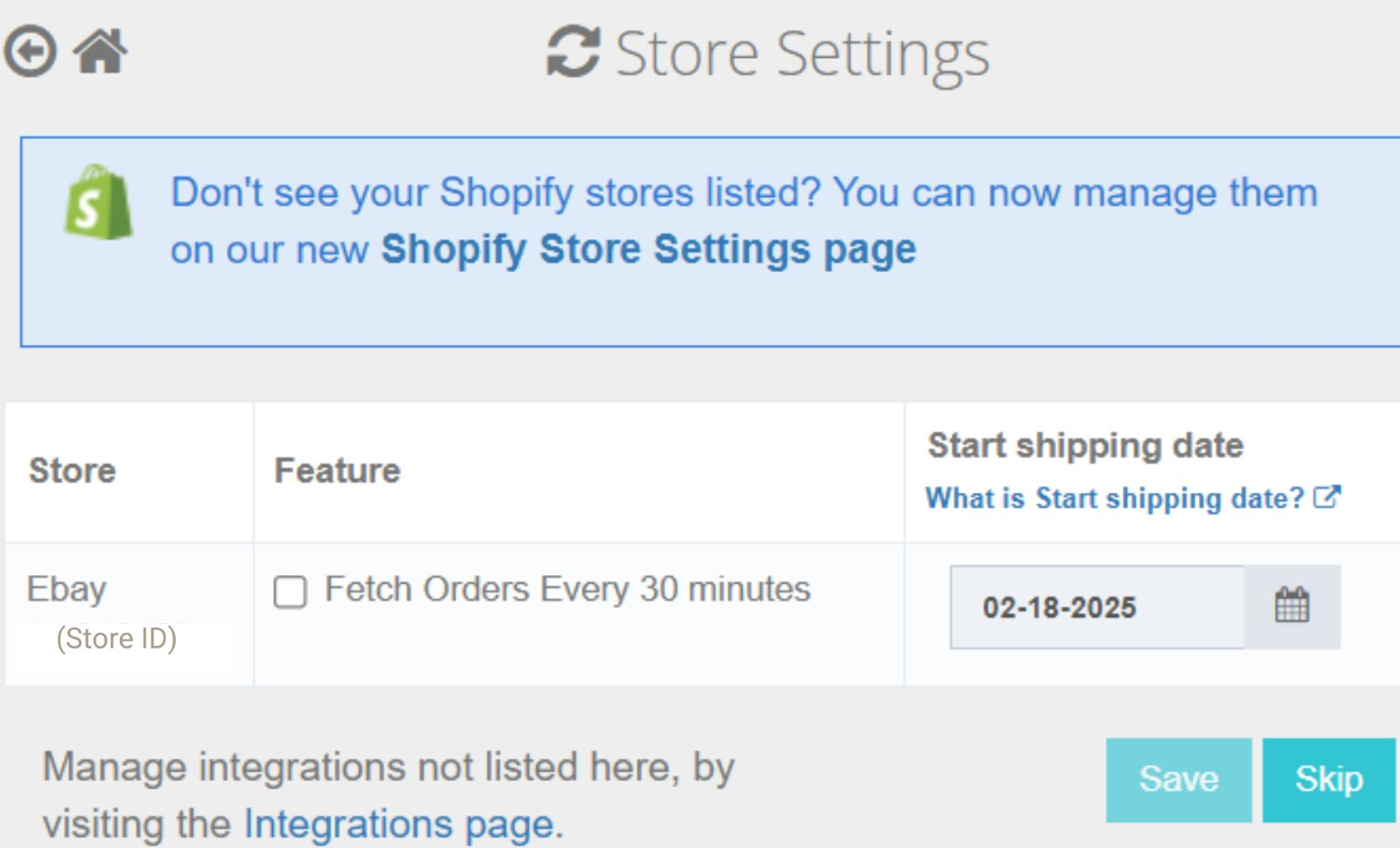 Store Settings page with Fetch Orders Every 30 minutes checkbox for eBay store