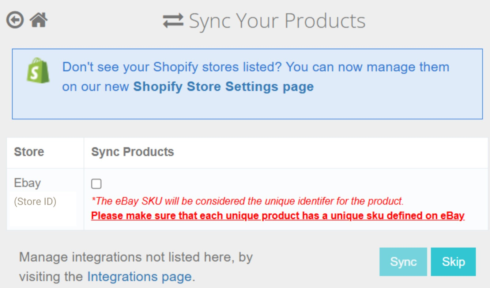Sync Your Products page with eBay store checkbox and SKU requirement notice