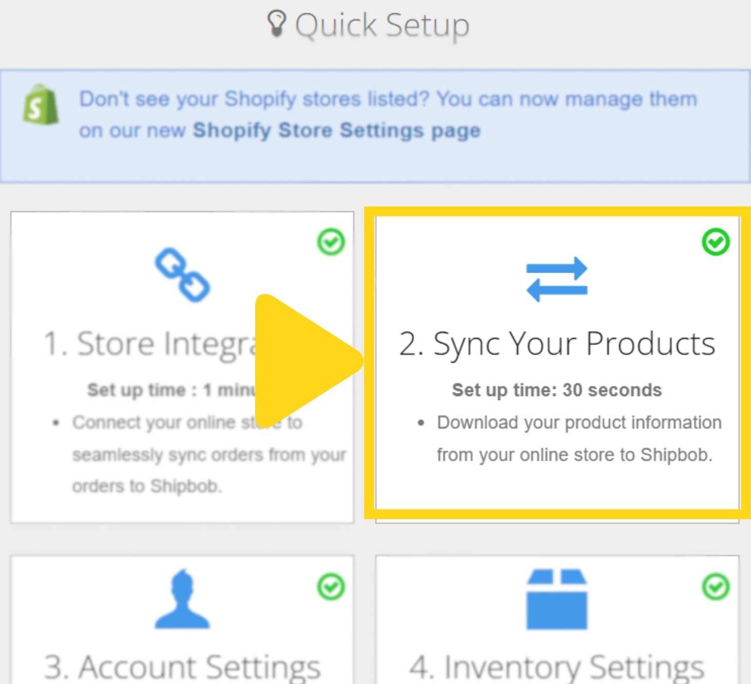 Quick Setup modal highlighting Sync Your Products as step 2