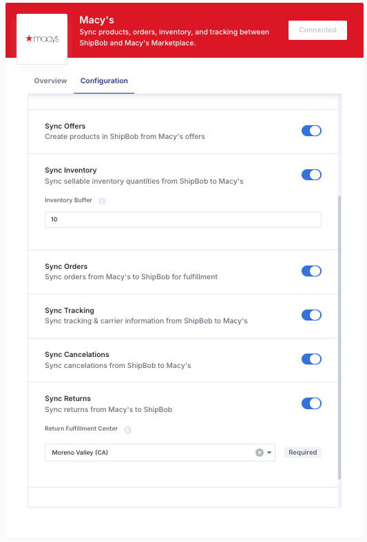 Macy's configuration settings showing sync toggles