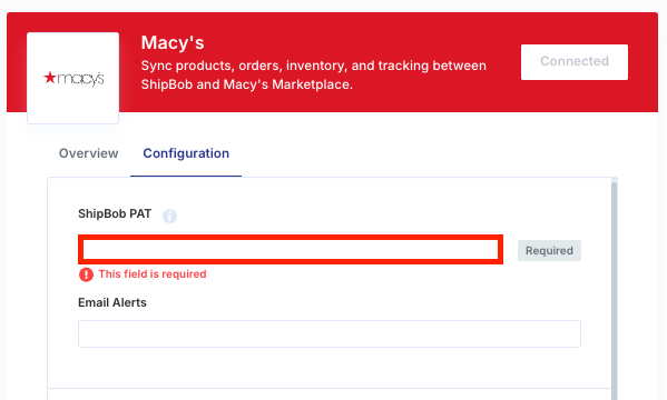 Configuration tab showing ShipBob PAT and Email Alerts fields