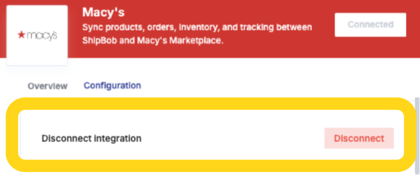 Disconnect integration section showing Disconnect button