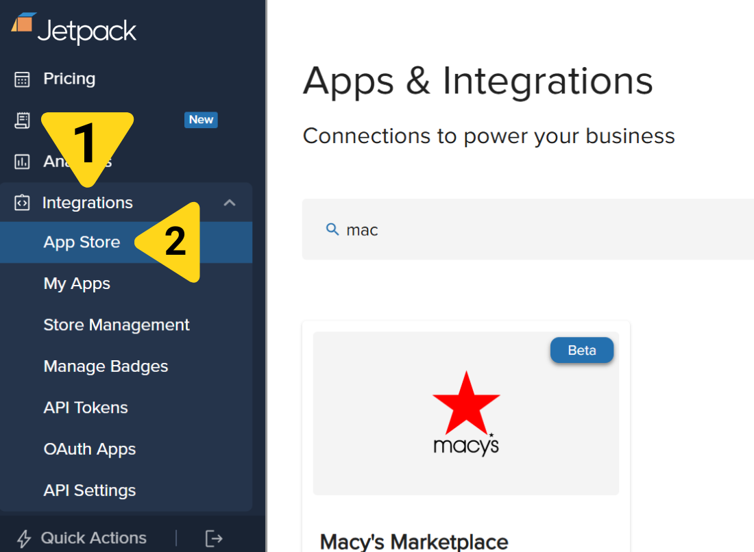 Integrations menu expanded showing App Store option