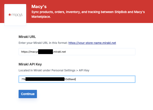 Integration form with Mirakl URL and API Key fields