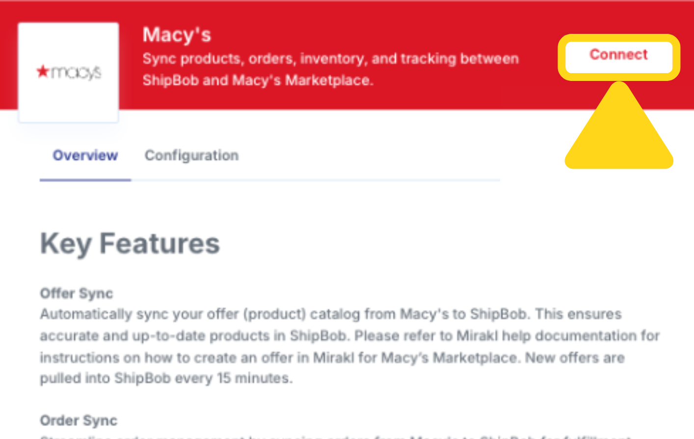 Overview page showing Connect button for reconnecting store