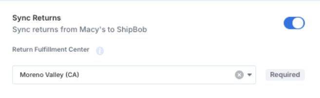 Return Fulfillment Center dropdown showing fulfillment center selection