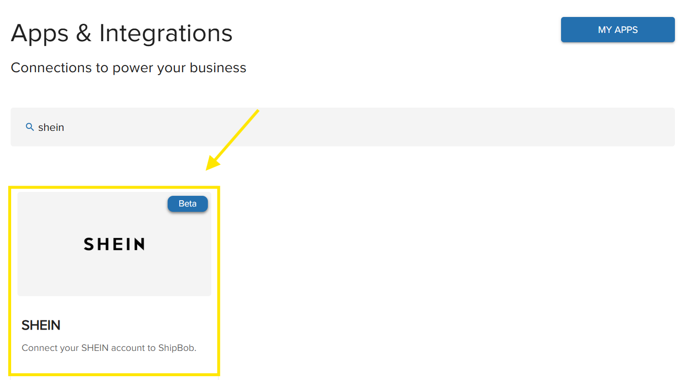 Apps & Integrations page showing SHEIN tile among other integration options